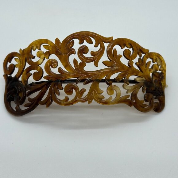 Best-Hold Jewelry - Antique Edwardian Carved Hair Comb Best-Hold Patent 1907 Clasp Celluloid Brown